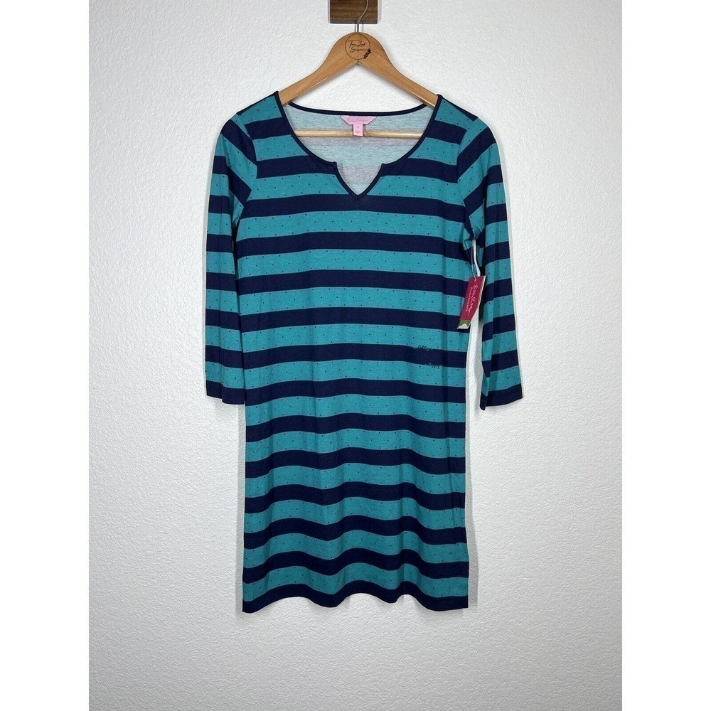 Lilly Pulitzer Gretchen Dress XS Tropez Blue Polka Dot Stripes